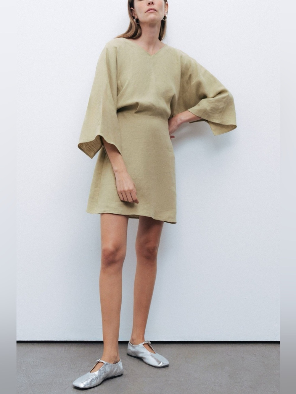 NOCTURNE 100% Linen Beaded Back Mini Dress Olive Green Women's S Quiet Luxury - Picture 3 of 14